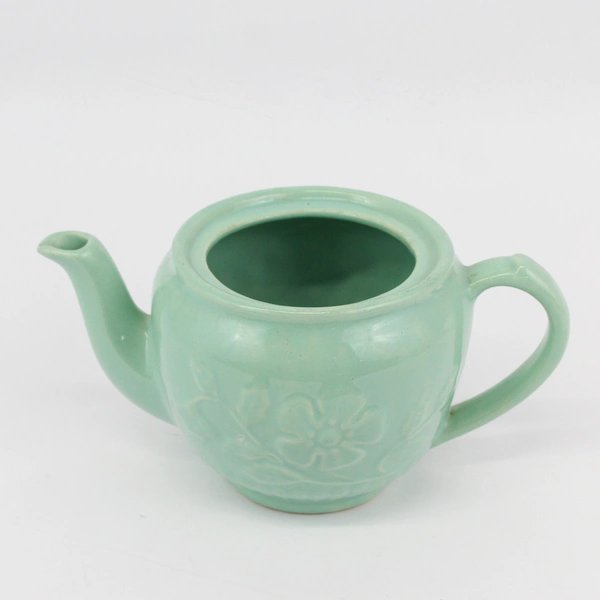 Vintage Art Pottery Mint Green Teapot With Embossed Cosmos Flower No Lid