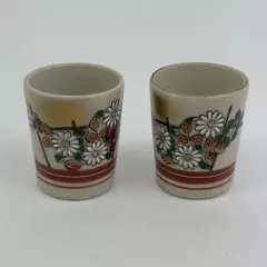 2 Beige Floral Pattern Ceramic Sake Cups Made in Japan