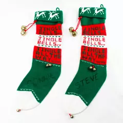 Lot of 2 Vtg Hand Knitted Christmas Stockings Red White Green Jingle Bells 19”