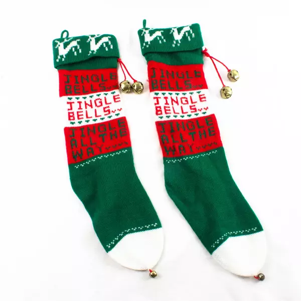 Lot of 2 Vtg Hand Knitted Christmas Stockings Red White Green Jingle Bells 19”