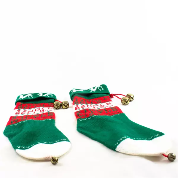 Lot of 2 Vtg Hand Knitted Christmas Stockings Red White Green Jingle Bells 19”