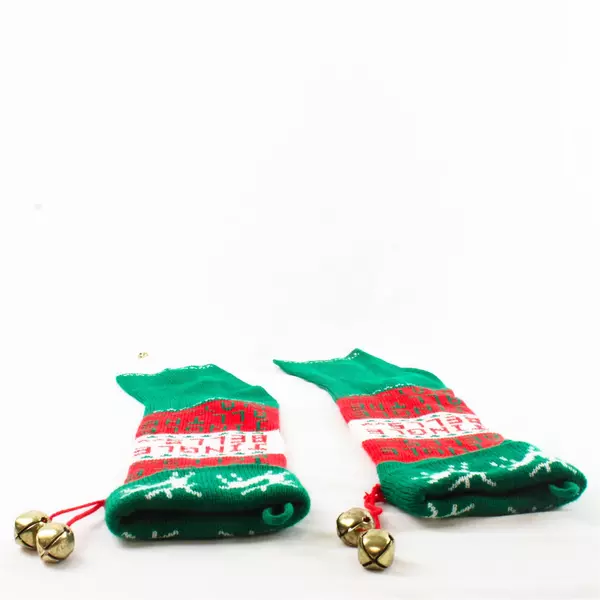 Lot of 2 Vtg Hand Knitted Christmas Stockings Red White Green Jingle Bells 19”