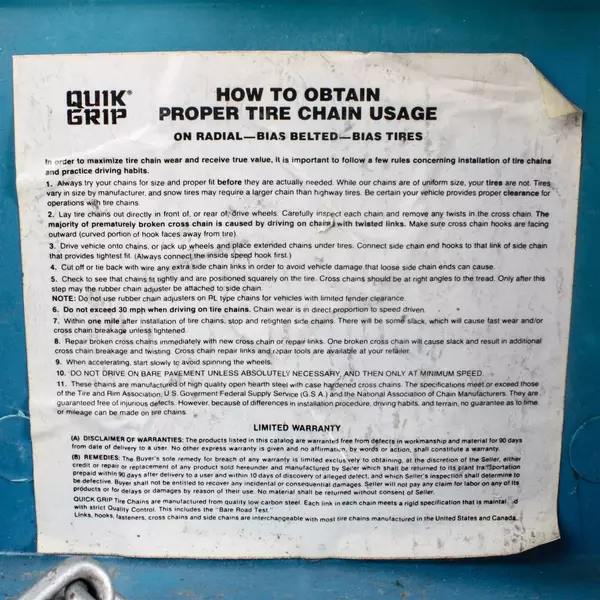 Security Chain Co. Tire Chains Model #1817 Original Storage case-Quick Grip