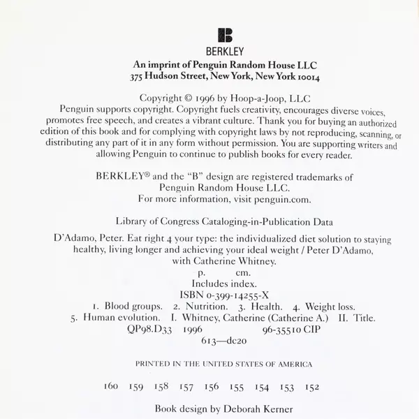 Eat Right For Your Type by Dr. Peter J. D'Adamo Hardcover Book 