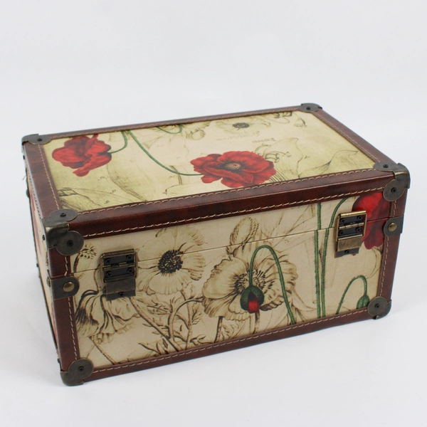 Unbranded Decorative Floral Wood Faux Leather and Metal Trunk Box