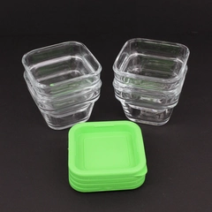 4 Square Clear Glass Storage Containers With Green Plastic Lids 4x4x3 inches