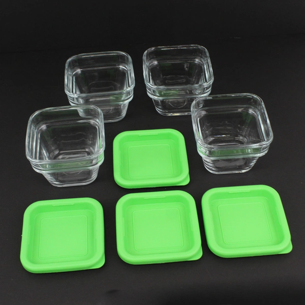4 Square Clear Glass Storage Containers With Green Plastic Lids 4x4x3 inches