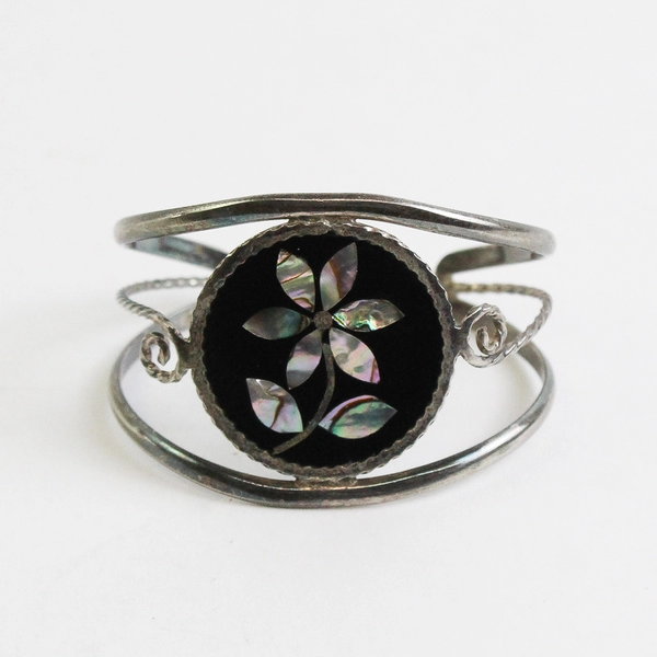 Vintage Alpaca Mexico Small Cuff Bracelet with Inlaid Mother Of Pearl Flower