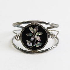 Vintage Alpaca Mexico Small Cuff Bracelet with Inlaid Mother Of Pearl Flower
