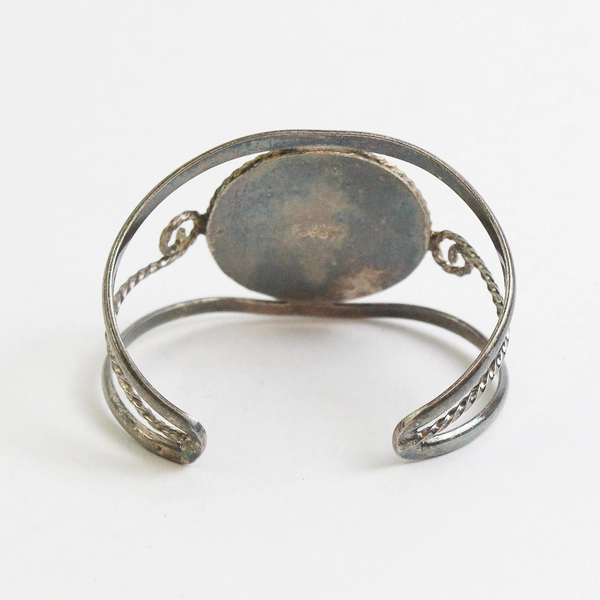 Vintage Alpaca Mexico Small Cuff Bracelet with Inlaid Mother Of Pearl Flower