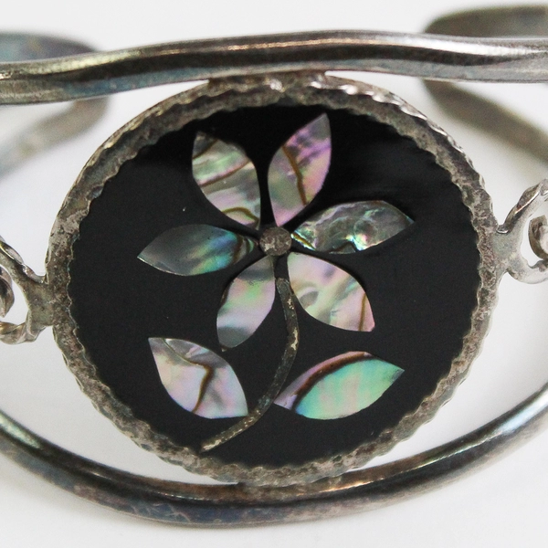 Vintage Alpaca Mexico Small Cuff Bracelet with Inlaid Mother Of Pearl Flower