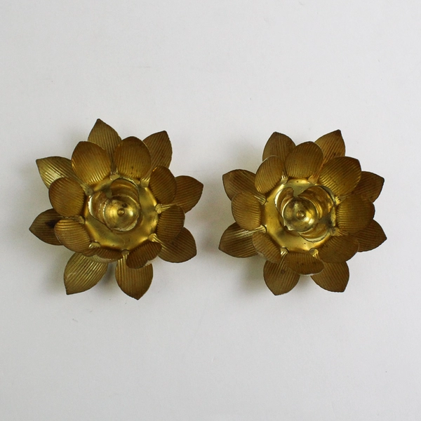 Pair of Vintage Gold Tone Metal Lily Pads Candle Holders, made in Japan
