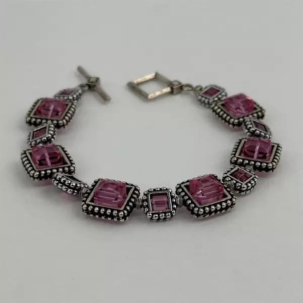 Silver-Tone Bracelet With Square Pink Topaz Rhinestones Toggle Clasp 8"