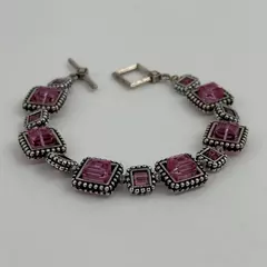 Silver-Tone Bracelet With Square Pink Topaz Rhinestones Toggle Clasp 8"