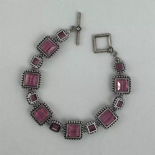 Silver-Tone Bracelet With Square Pink Topaz Rhinestones Toggle Clasp 8"