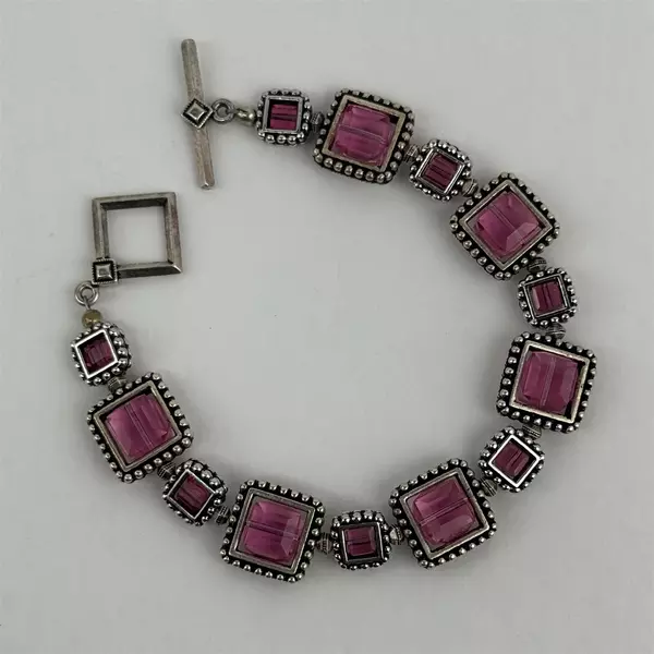 Silver-Tone Bracelet With Square Pink Topaz Rhinestones Toggle Clasp 8"