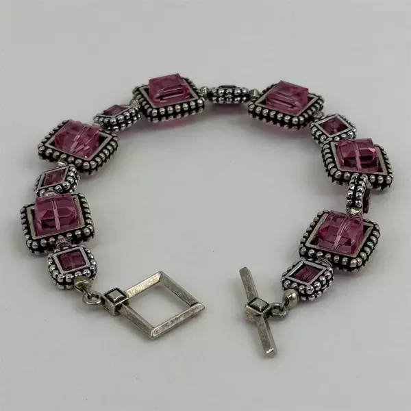 Silver-Tone Bracelet With Square Pink Topaz Rhinestones Toggle Clasp 8"