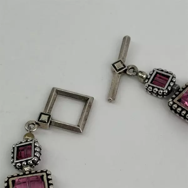 Silver-Tone Bracelet With Square Pink Topaz Rhinestones Toggle Clasp 8"
