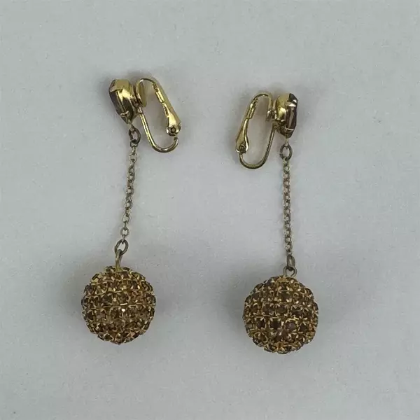 Vintage Gold Tone Brown Rhinestone Crystal Ball Clip On Earrings