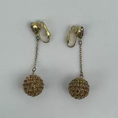 Vintage Gold Tone Brown Rhinestone Crystal Ball Clip On Earrings