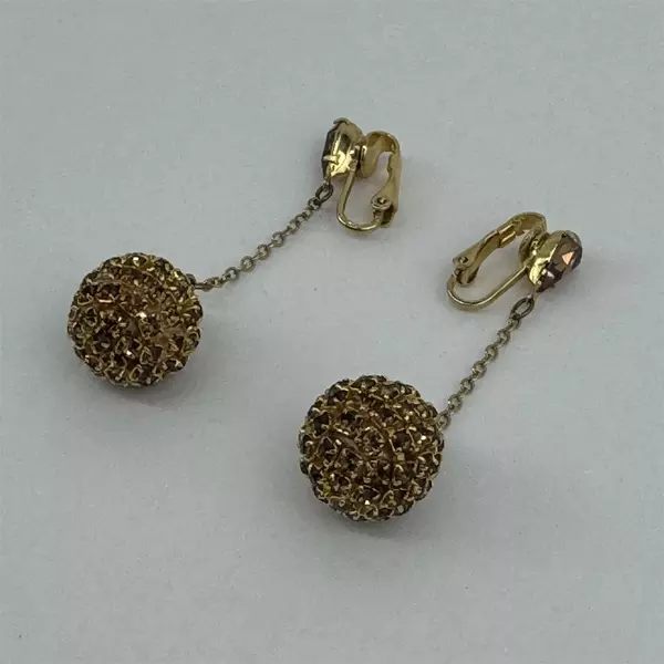Vintage Gold Tone Brown Rhinestone Crystal Ball Clip On Earrings