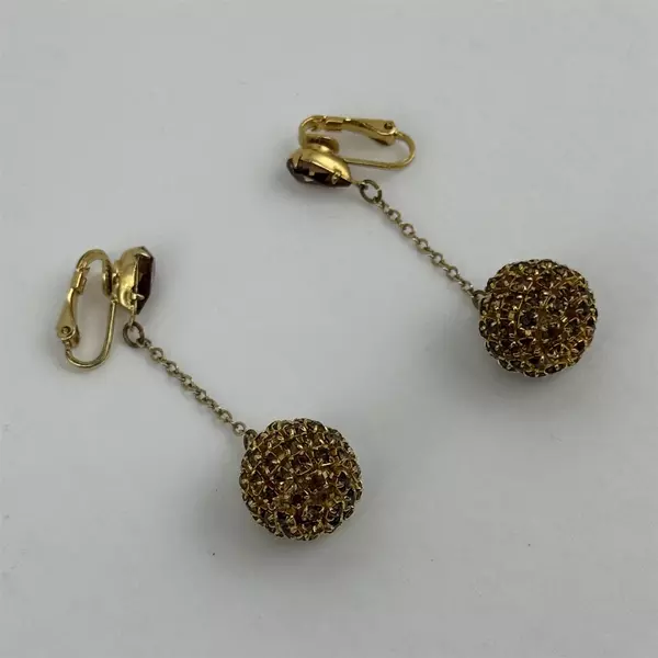 Vintage Gold Tone Brown Rhinestone Crystal Ball Clip On Earrings
