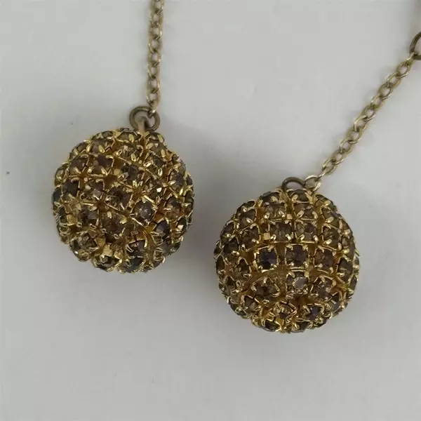 Vintage Gold Tone Brown Rhinestone Crystal Ball Clip On Earrings