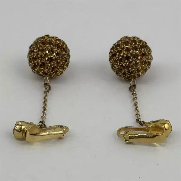 Vintage Gold Tone Brown Rhinestone Crystal Ball Clip On Earrings