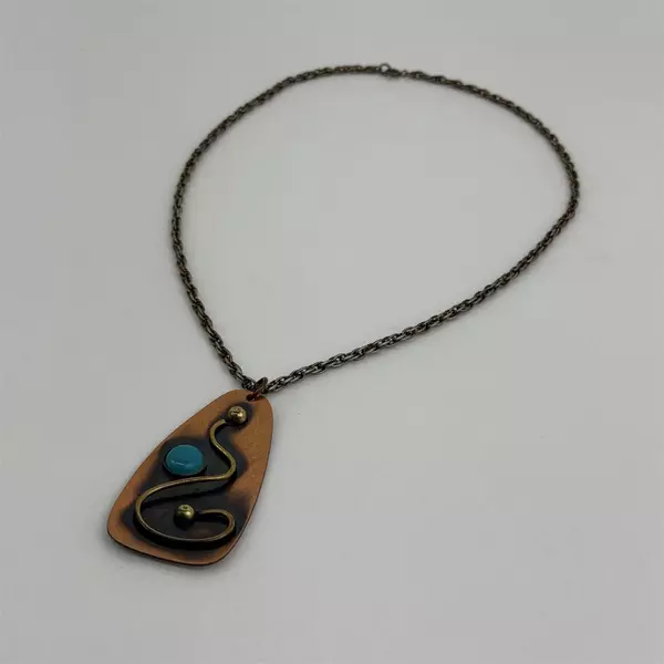 Handmade Copper Brass Turquoise Pendant Necklace 24 Inch