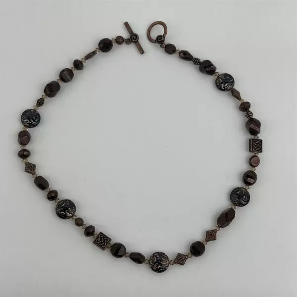 Bronze And Black Metal and Glass Beaded Necklace With Toggle Clasp 19 Inch