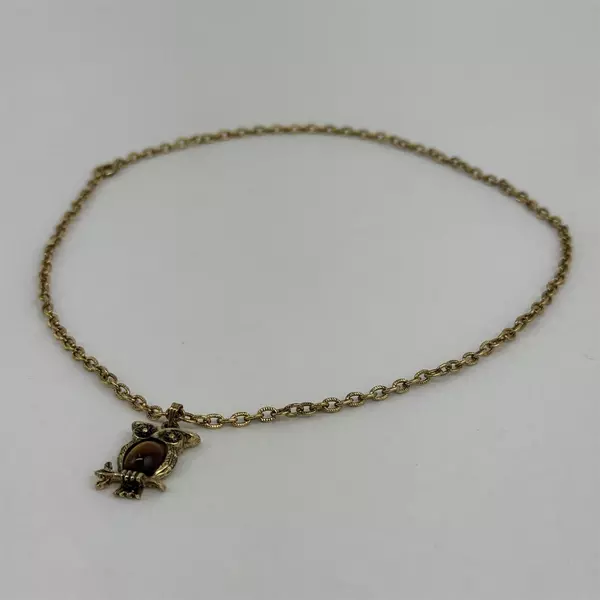  Tigers Eye Owl Pendant Necklace with Gold Tone Chain 18.5 Inch