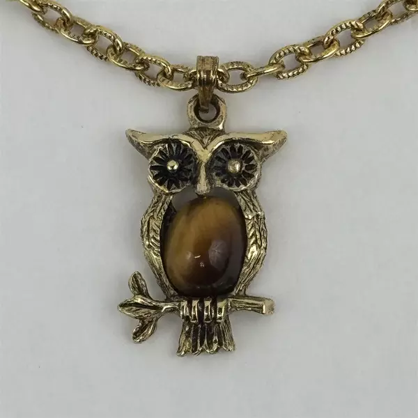  Tigers Eye Owl Pendant Necklace with Gold Tone Chain 18.5 Inch