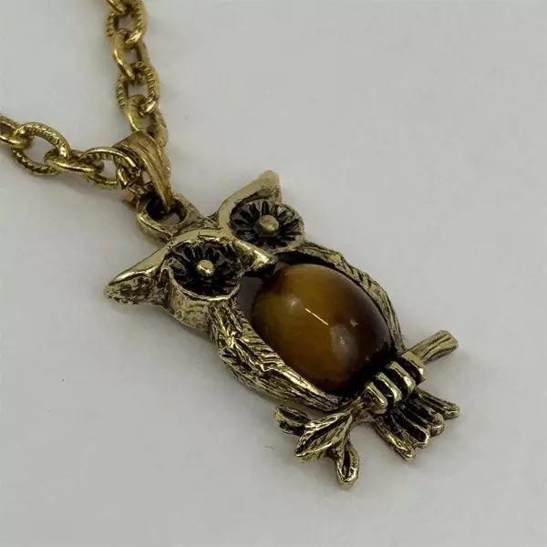  Tigers Eye Owl Pendant Necklace with Gold Tone Chain 18.5 Inch