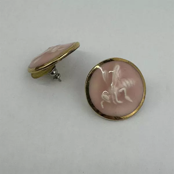 Handmade Round Pink Enamel And Ceramic Bee Stud Post Earrings
