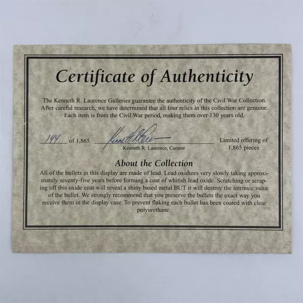 L.E. Kenneth Laurence Galleries Civil War Bullet Collection with COA And Case