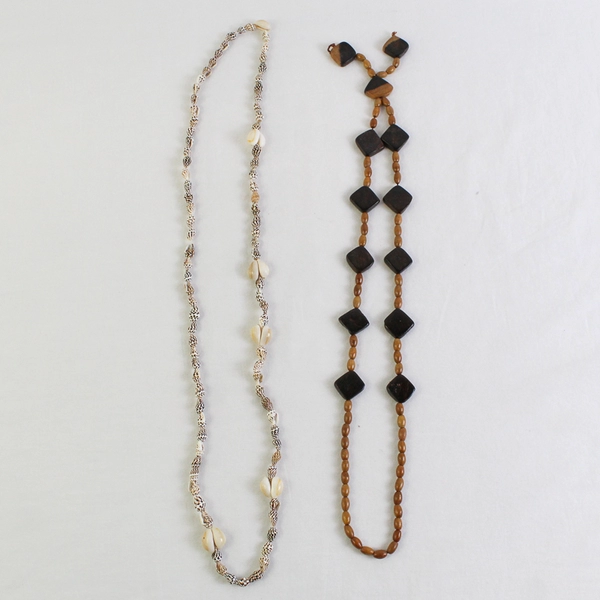 Lot of 2 Wood and Shell Boho Beaded Necklaces 17"