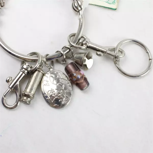 Silver Tone Green Rhino Key Charm Bracelet Vintage Style 5"