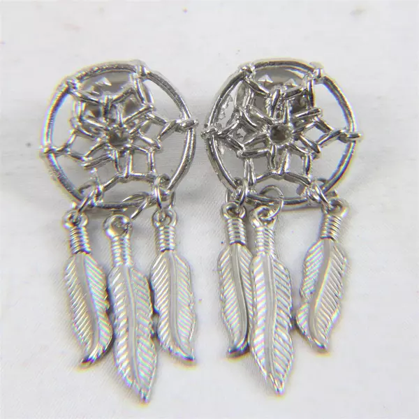 Set of 2 Silver Tone Dreamcatcher Lapel Pins with Three Dangling Feathers