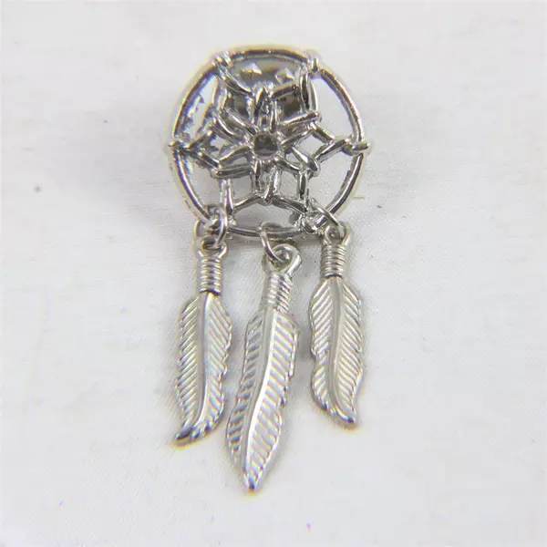 Set of 2 Silver Tone Dreamcatcher Lapel Pins with Three Dangling Feathers
