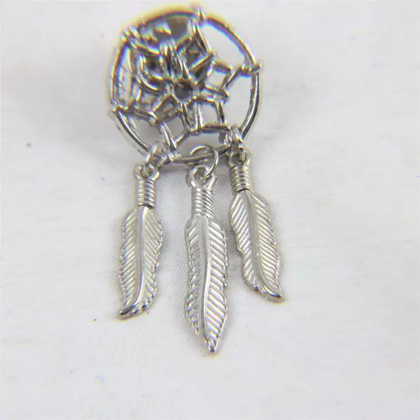 Set of 2 Silver Tone Dreamcatcher Lapel Pins with Three Dangling Feathers