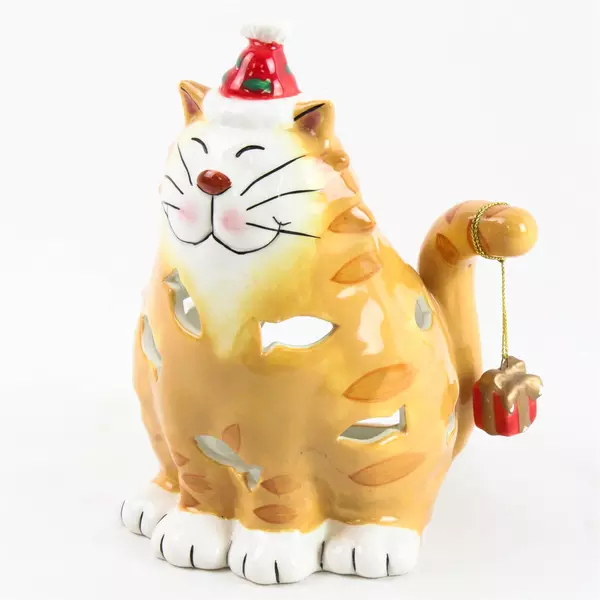 Scott's Collectables Christmas Kitty Ceramic Candle Holder Hand-Painted 6.75"