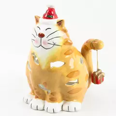 Scott's Collectables Christmas Kitty Ceramic Candle Holder Hand-Painted 6.75"