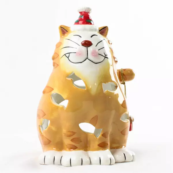 Scott's Collectables Christmas Kitty Ceramic Candle Holder Hand-Painted 6.75"