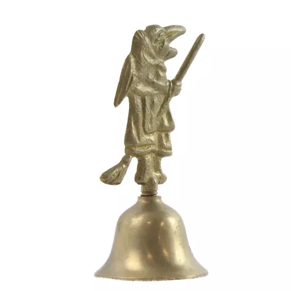 Vintage Brass Bell Witch on Broom Halloween Hallows Eve Wicca Crone 3 1/2 in