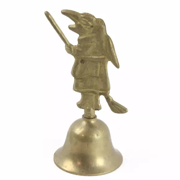 Vintage Brass Bell Witch on Broom Halloween Hallows Eve Wicca Crone 3 1/2 in