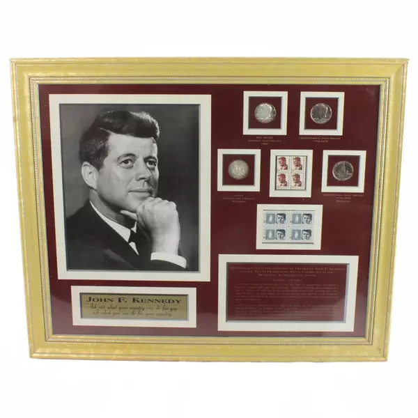 JFK Collage w/ 1964 90% Silver Half Dollar & Bicentennial Coin/Stamps