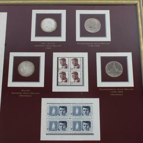 JFK Collage w/ 1964 90% Silver Half Dollar & Bicentennial Coin/Stamps