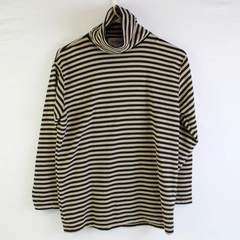 Oleg Cassini Black and Beige Striped Long-Sleeve Turtleneck Top Women's Small