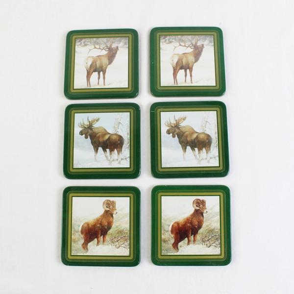 Vintage Set of 6 Enesco Wild Game Coasters with Tin Elk Moose Ram