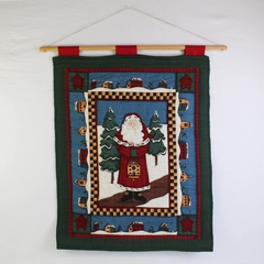 Handmade 'Tis The Season Leslie Beck Folk Art Santa Fabric Wall Hanging